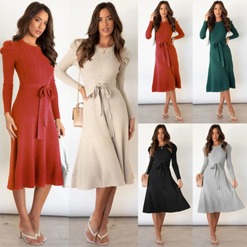 Autumn Winter Knitted Women Dress Puff Long Sleeve Sweater Dress Elegant A-line Pullover Sashes Long Dress
Autumn Winter Knitted Women Dress Puff Long Sleeve Sweater Dress Elegant A-line Pullover Sashes Long Dress