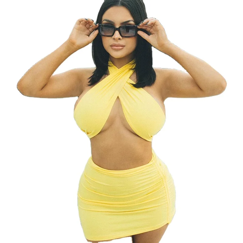 Women summer clothes 2021 Deep V Neck Bodycon Strapless Sleeveless Backless Crop Top Package Hip Summer Mini Skirt, Picture shows 
Women summer clothes 2021 Deep V Neck Bodycon Strapless Sleeveless Backless Crop Top Package Hip Summer Mini Skirt, Picture shows