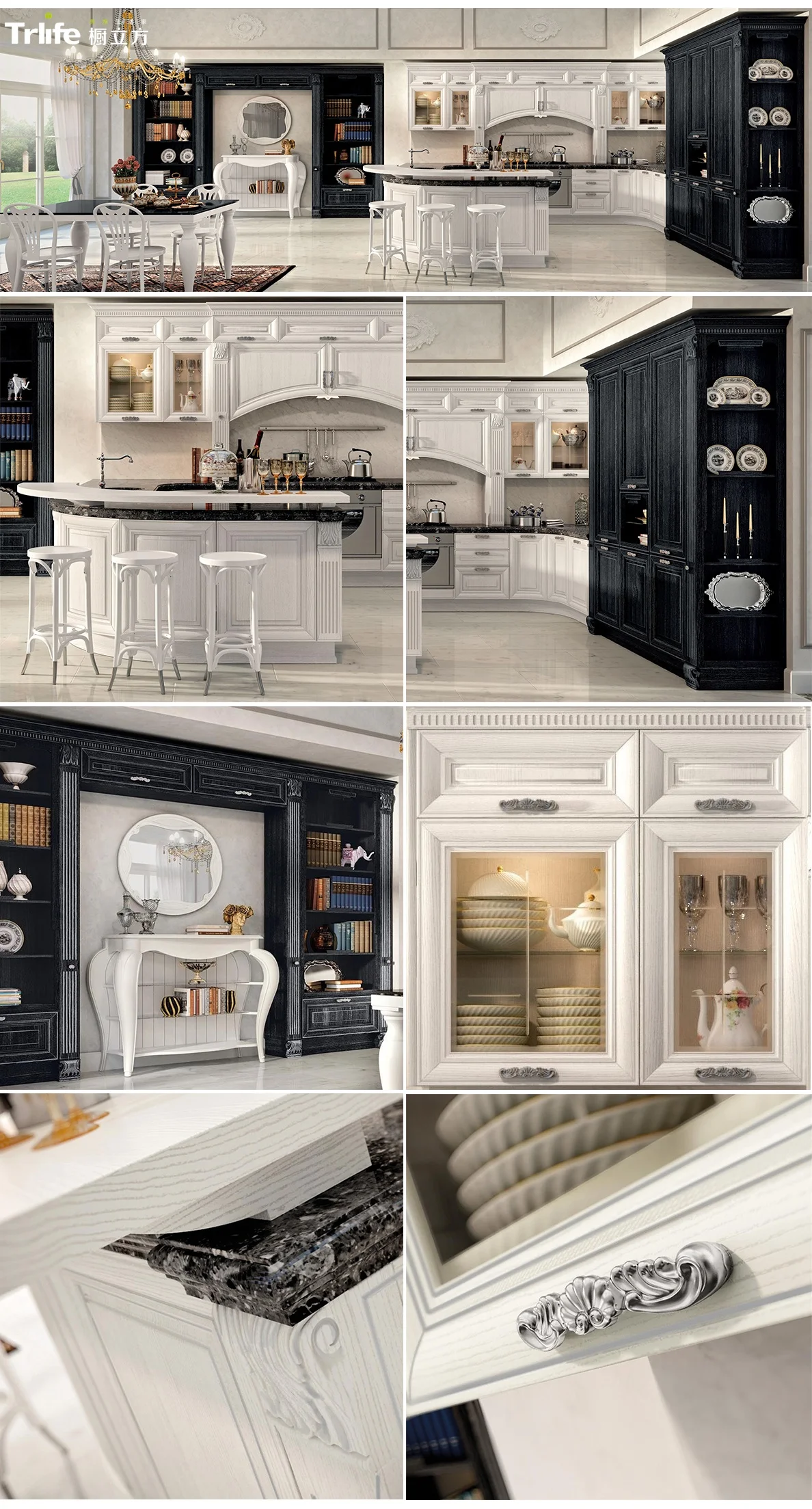 Luxury classic european style kitchen l shaped solid wood kitchen cabinet set