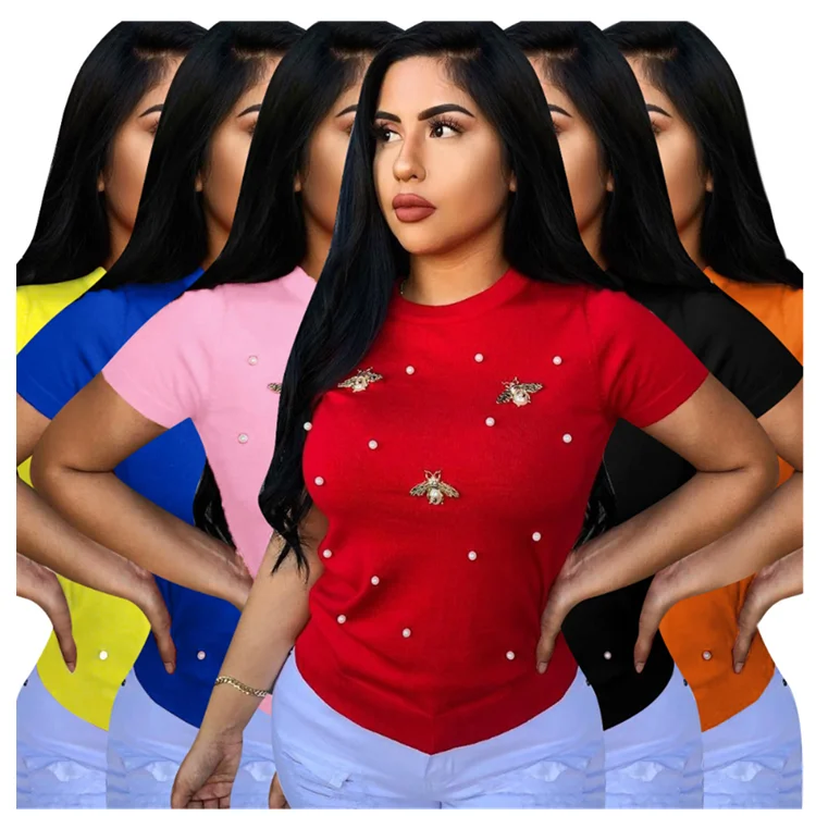 Fashionable women summer short sleeve beaded t shirt ladies simple design casual tops
Fashionable women summer short sleeve beaded t shirt ladies simple design casual tops