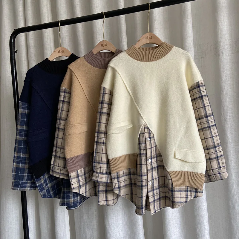 Wholesale 2021 Spring and Autumn Stitching Casual Loose Women's Sweater Stitching Plaid Fake Two-piece Women's Sweater, Navy,khaki,beige
Wholesale 2021 Spring and Autumn Stitching Casual Loose Women's Sweater Stitching Plaid Fake Two-piece Women's Sweater, Navy,khaki,beige