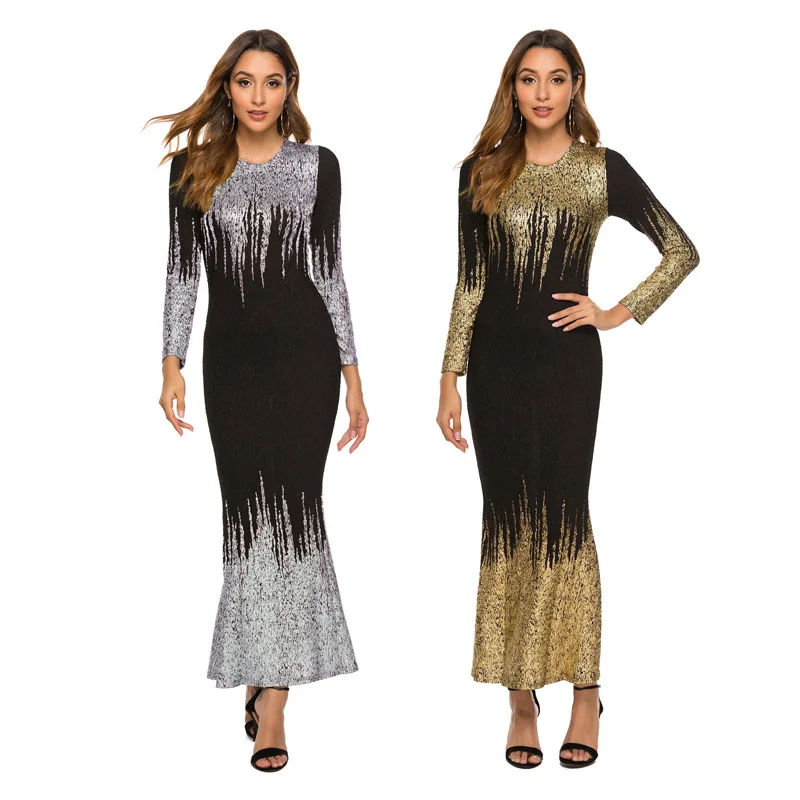 Women Elegant long sleeve O Neck Party Club Black Gold Sequin Maxi Long Elastic dress
Women Elegant long sleeve O Neck Party Club Black Gold Sequin Maxi Long Elastic dress