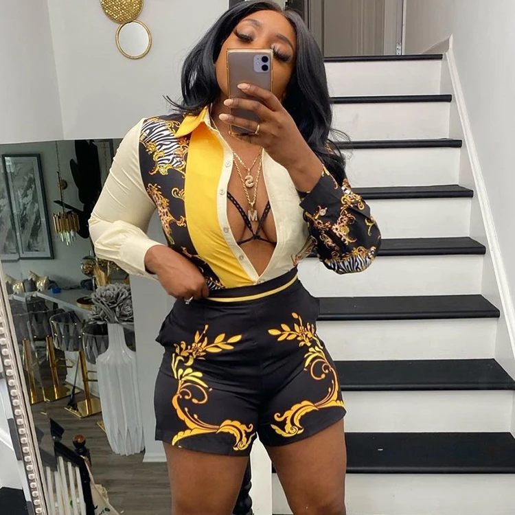 2021 Printed Button Down Blouse Two Piece Shorts Sets Spring Outfits Women Top And Breathable Short Set, Black
2021 Printed Button Down Blouse Two Piece Shorts Sets Spring Outfits Women Top And Breathable Short Set, Black