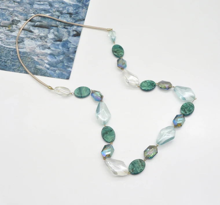 Custom green acrylic and transparent resin necklace long sweater leather rope chain necklace