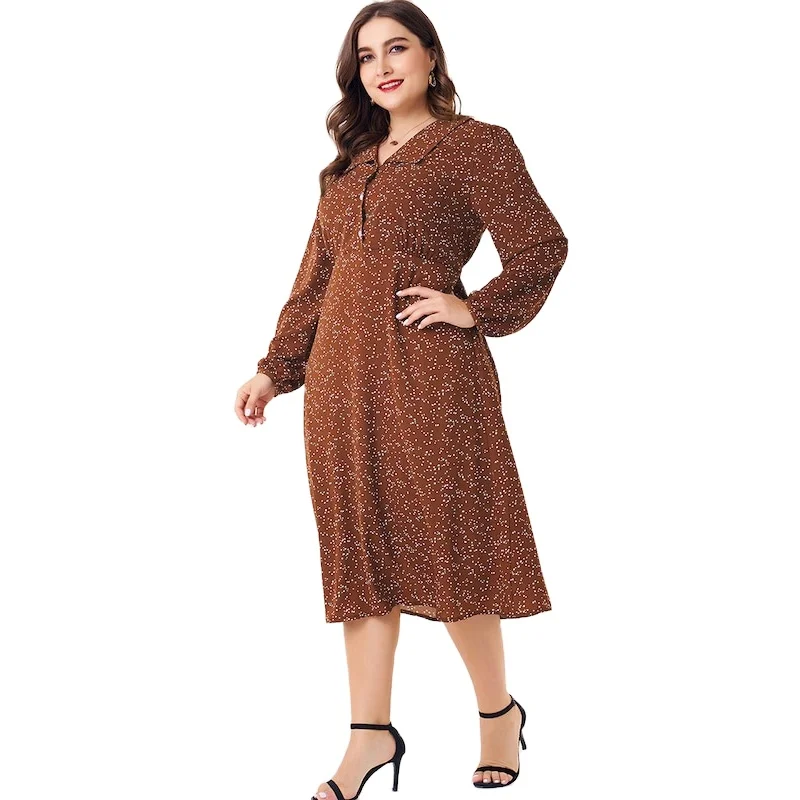 Women V-neck Long Sleeve Big Swing Dresses Elegant Print Dress Slim Waist Dress, Brown
Women V-neck Long Sleeve Big Swing Dresses Elegant Print Dress Slim Waist Dress, Brown