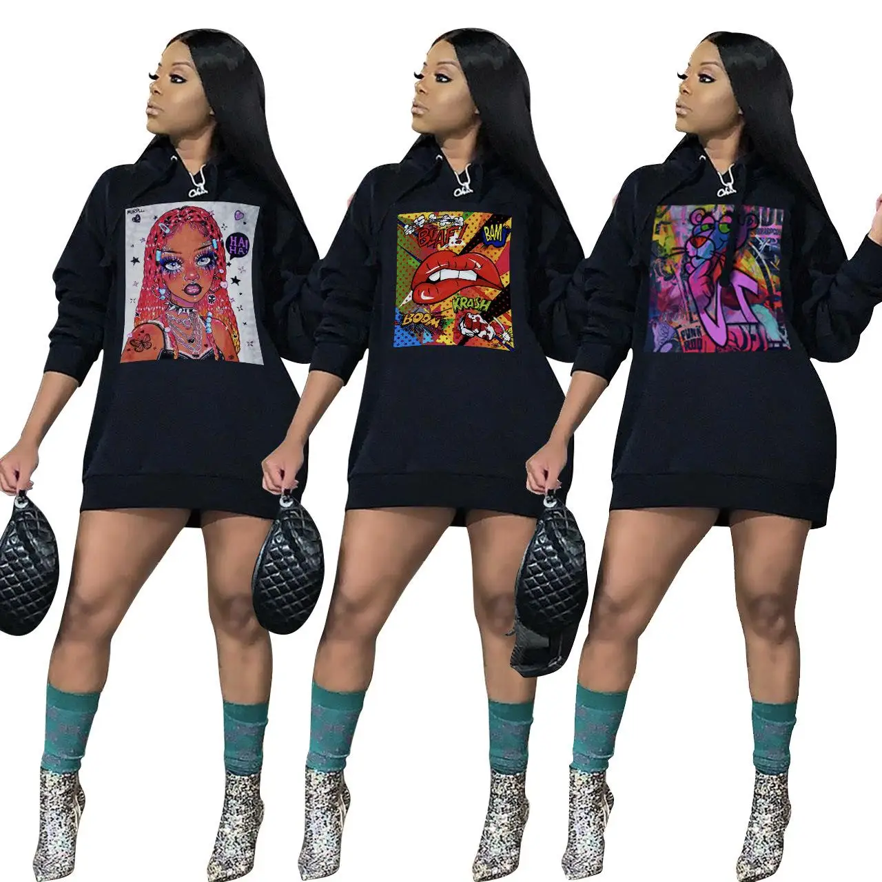 New Arrivals Women's Dresses Black Print Hooded Lantern Patchwork Long Sleeve Sweatshirts Hoodies Dress With Pocket
New Arrivals Women's Dresses Black Print Hooded Lantern Patchwork Long Sleeve Sweatshirts Hoodies Dress With Pocket