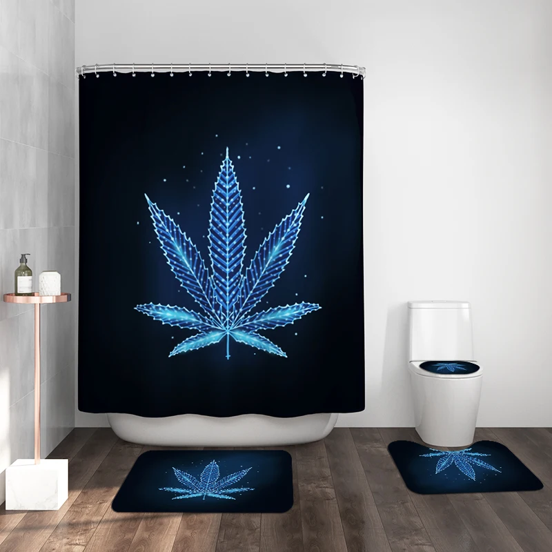 Leaf waterproof polyester fabric 4 piece bathroom rug mat and shower curtain sets