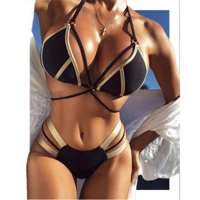 2020 Amazon wish hot sell sexy gold triangle split stitching swimsuit bandage European and American bikini swimwear for women, Picture
2020 Amazon wish hot sell sexy gold triangle split stitching swimsuit bandage European and American bikini swimwear for women, Picture