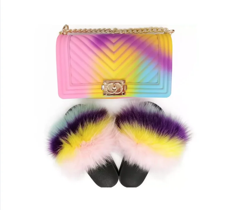 Women's plush slippers plush fox hair sandals PVC rainbow jelly handbag suit plush plush plush plush plush slide, Black
Women's plush slippers plush fox hair sandals PVC rainbow jelly handbag suit plush plush plush plush plush slide, Black
