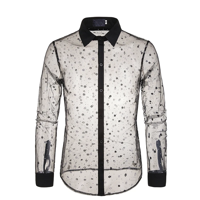 New Casual Fashion Stage Shirt Lace Transparent Snowflake Long-sleeved Shirt Mens Sexy Transparent Mesh Shirt
New Casual Fashion Stage Shirt Lace Transparent Snowflake Long-sleeved Shirt Mens Sexy Transparent Mesh Shirt