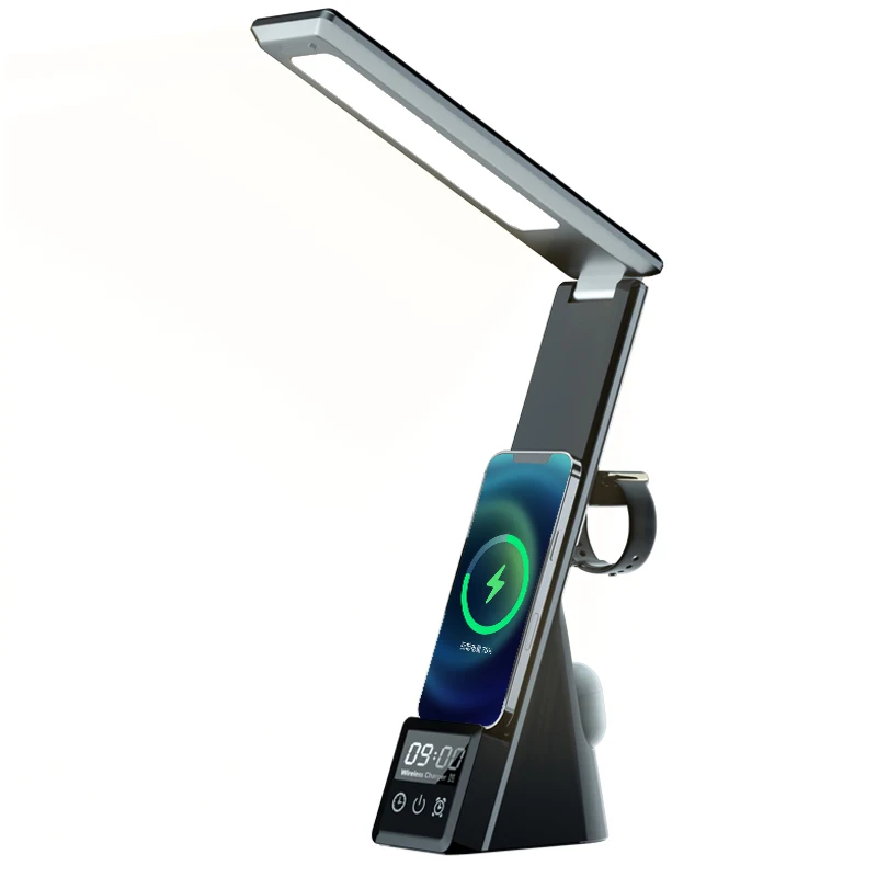 5 in 1 wireless charger desk lamp with digital display alarm clock LED light wireless charging for iPhone iWatch Airpods
5 in 1 wireless charger desk lamp with digital display alarm clock LED light wireless charging for iPhone iWatch Airpods