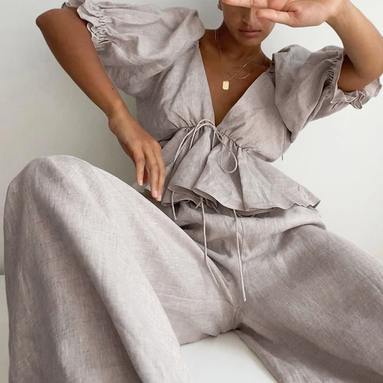 Holiday Wear Drawstring Cotton Linen 2 Piece Casual Women Tops Summer Elastic Waist Loose Wide Leg Bottom Two Piece Pants Set, Khaki
Holiday Wear Drawstring Cotton Linen 2 Piece Casual Women Tops Summer Elastic Waist Loose Wide Leg Bottom Two Piece Pants Set, Khaki