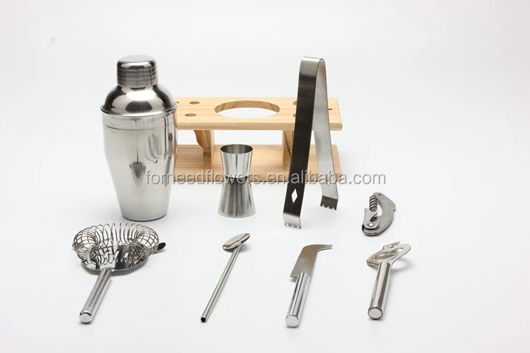 Forneed hot sale 250ml/350ml/550ml/750ml cocktail shaker set with bamboo stand holder