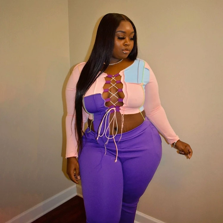 2021 XL-XXXXL long sleeve lace up color blocking crop top pants sets plus size two piece suits women
2021 XL-XXXXL long sleeve lace up color blocking crop top pants sets plus size two piece suits women
