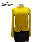 7196# casual t shirt for women long sleeve round neck yellow color knob design ladies' blouses tops