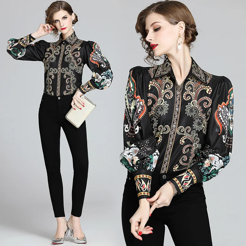 2022 custom-made elegant fashionable new design black floral turn down collar big long sleeve party blouses top for women
2022 custom-made elegant fashionable new design black floral turn down collar big long sleeve party blouses top for women