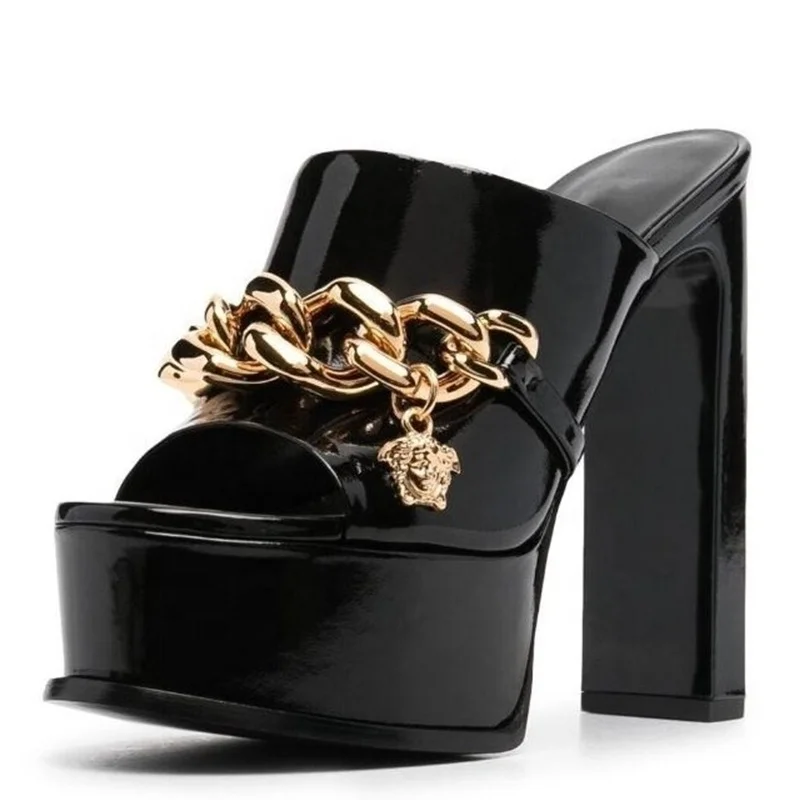Lady's Open Round Toe Platform Shoes Sandal Chunky Heel Black Patent Leather Women Slippers Heeled Metal Chain Plus Size 11
Lady's Open Round Toe Platform Shoes Sandal Chunky Heel Black Patent Leather Women Slippers Heeled Metal Chain Plus Size 11