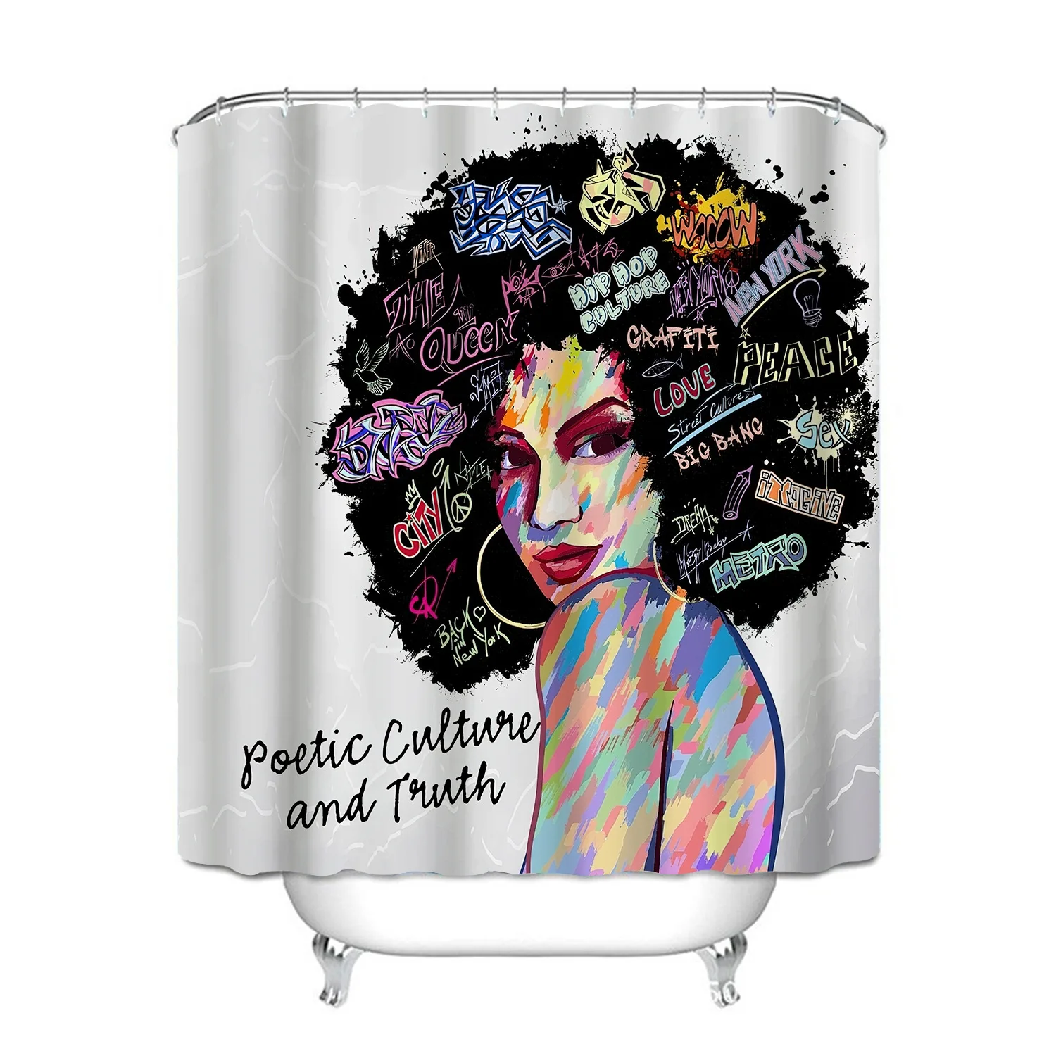 

Art Design Graffiti Art Hip Hop African Girl with Black Hair, Big Earring Modern Building Shower Curtain for Bathroom Decor/