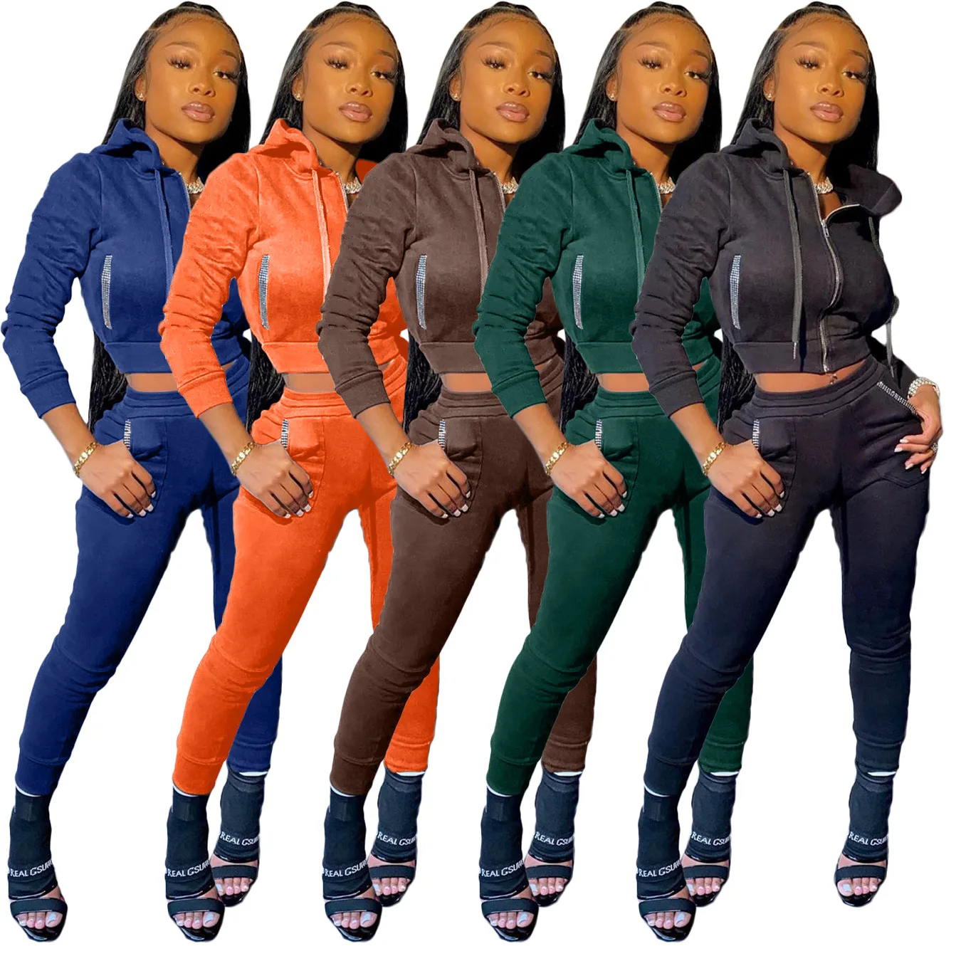 2020 Winter New Style Outfits Rhinestone Pants With Pocket Long Sleeve Zipper Jacket Two Piece Set, Black, navy, orange, dark green, coffee
2020 Winter New Style Outfits Rhinestone Pants With Pocket Long Sleeve Zipper Jacket Two Piece Set, Black, navy, orange, dark green, coffee