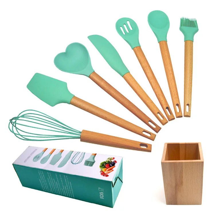 Luxury Cyan 8 Piece High Temperature Safety Eco Cooking Tools Silicone Kitchen Utensils Set With Wooden Handle With Barrel, Natural
Luxury Cyan 8 Piece High Temperature Safety Eco Cooking Tools Silicone Kitchen Utensils Set With Wooden Handle With Barrel, Natural