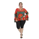 OEM ODM Custom Logo Women Clothing Plus Size Tops Floral Bell Sleeve Plus Size Long Sleeve Ladies Tops Blouses