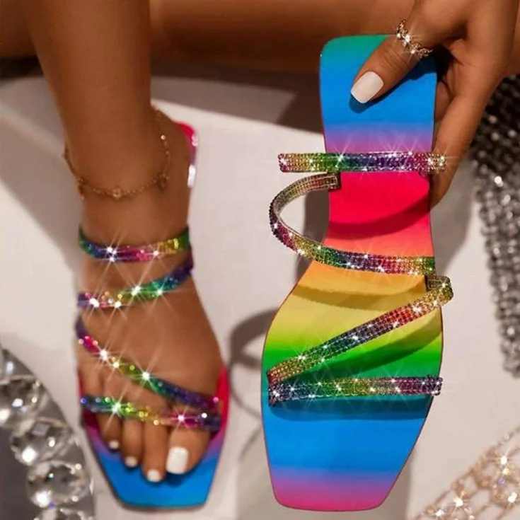 Summer Ladies Plus Size One-Word Slippers Flat With Rhinestone Rainbow Color Casual Sandals
Summer Ladies Plus Size One-Word Slippers Flat With Rhinestone Rainbow Color Casual Sandals