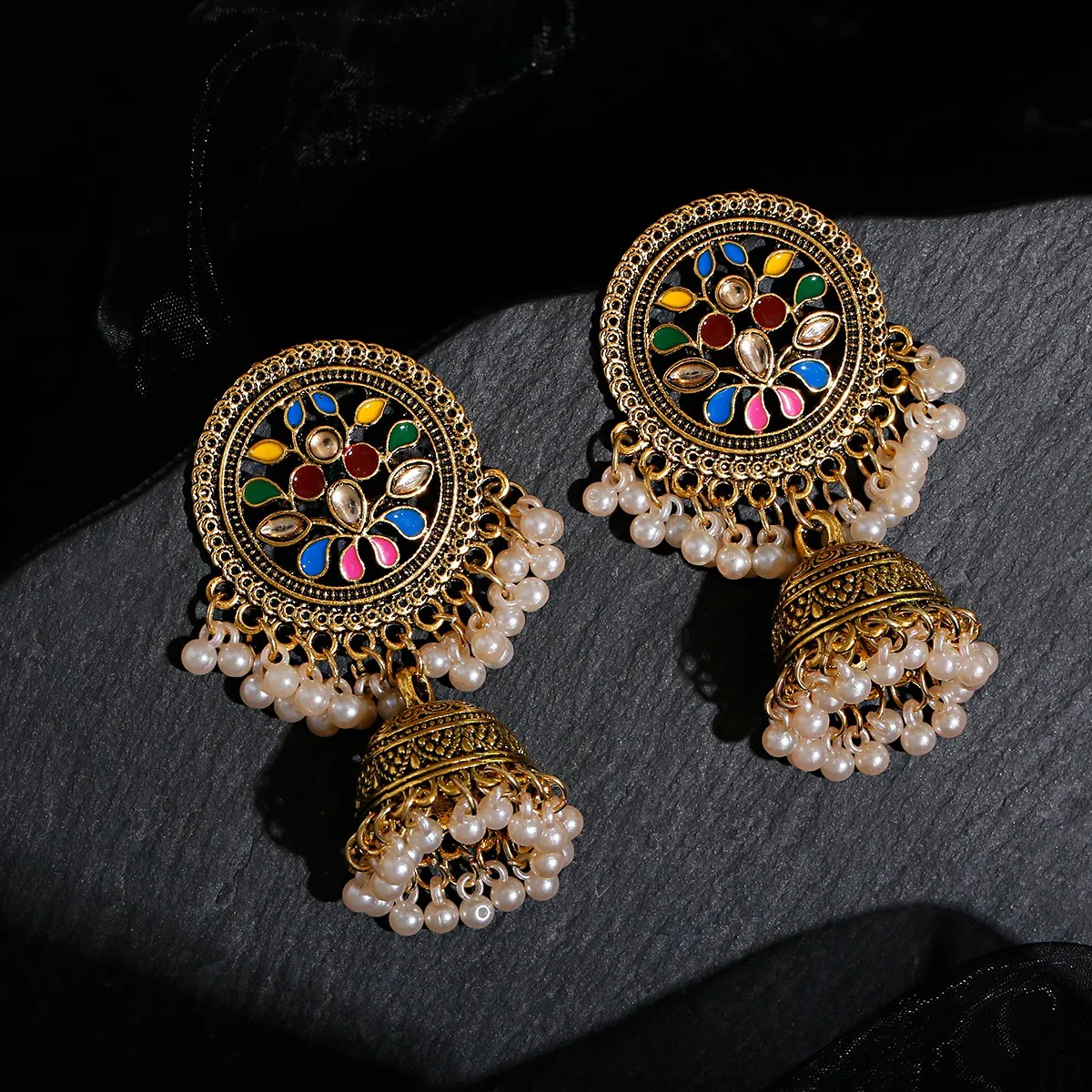

Women Boho Vintage Antique Gypsy Tribal Indian Oxidized White Pearl Drop Flower Gemstone Jhumka Jhumki Earrings Set Jewelry, Gold/silver