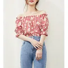 Top Custom Plaid Color Short Sleeve Elastic Waist Women Summer Casual Blouse Sexy Crop Top