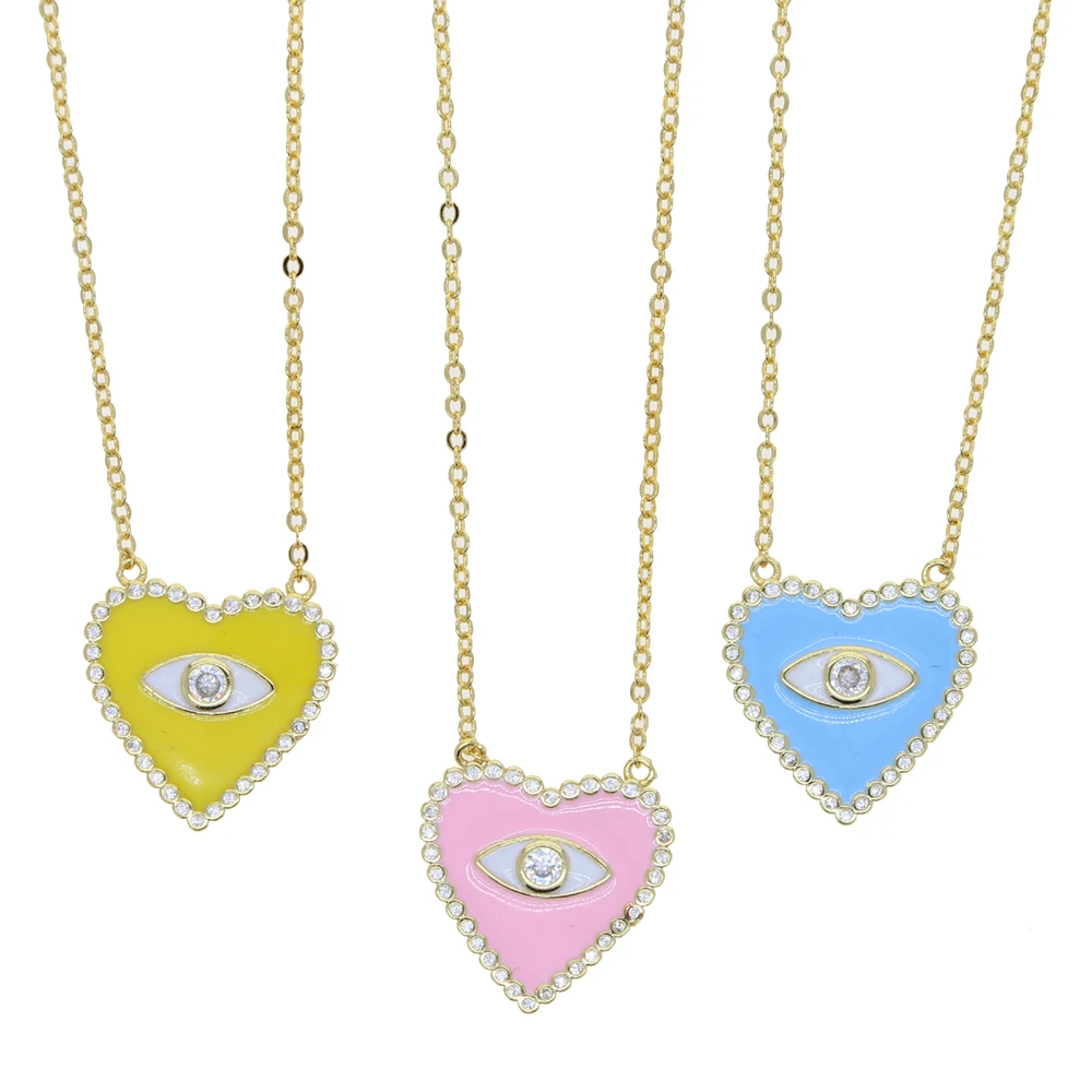 trendy heart shaped enamel necklace cz bezel setting around evil eye gold plated women necklace chain jewelry, Customized
trendy heart shaped enamel necklace cz bezel setting around evil eye gold plated women necklace chain jewelry, Customized