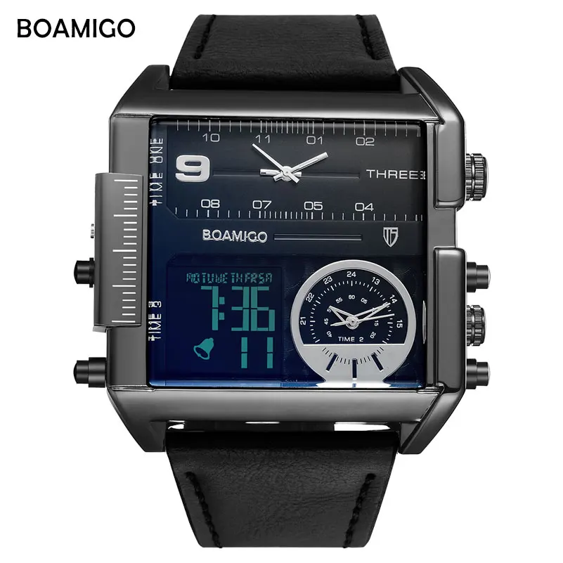

Top Sale BOAMIGO brand men sports watches 3 time zone big fashion military LED watch leather quartz wristwatches custom logo