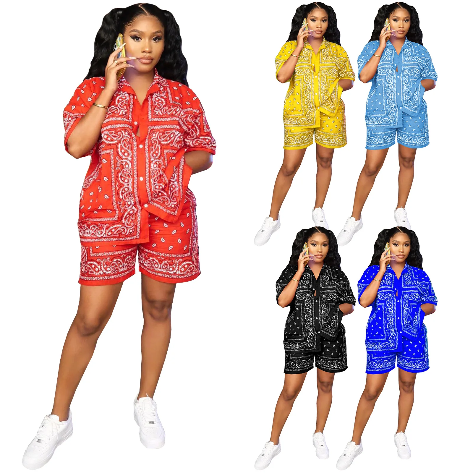 Popular Ladies Casual Outfits Short Sleeve Shirt Printed Plus Size Summer Women Two Piece Shorts Set
Popular Ladies Casual Outfits Short Sleeve Shirt Printed Plus Size Summer Women Two Piece Shorts Set