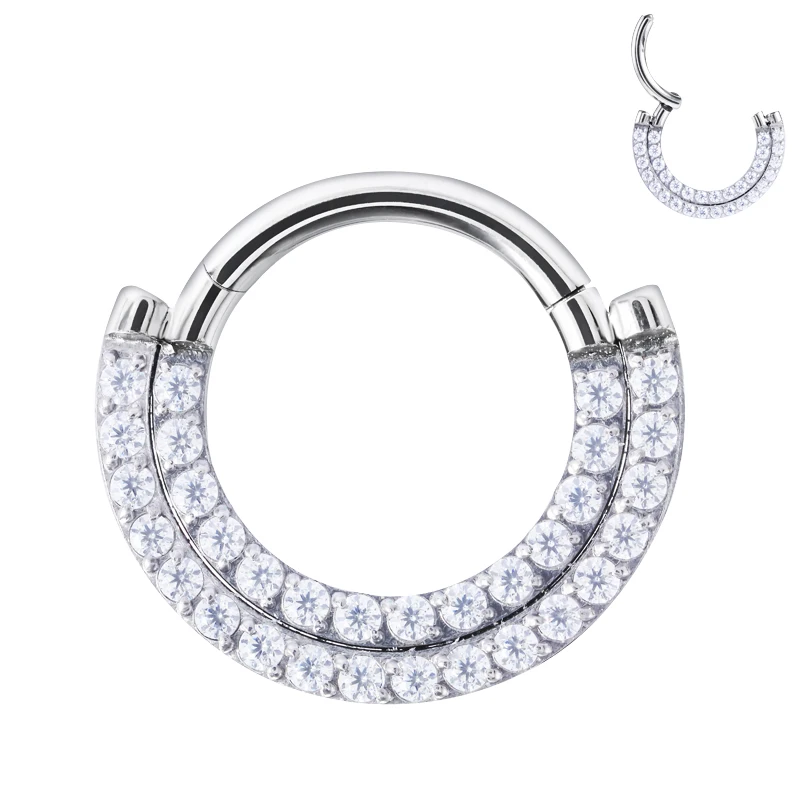 

ASTM F136 /G23 Titanium Two Rows CZ Paved Segment Hoop Earring Cartilage Nose Ring Piercing Body Jewelry