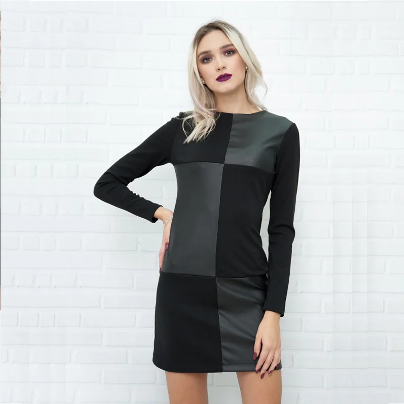 Women's PU leather stitching short-sleeved round neck sexy short dress in autumn and winter cowhide fashion hemp clothing, Black
Women's PU leather stitching short-sleeved round neck sexy short dress in autumn and winter cowhide fashion hemp clothing, Black