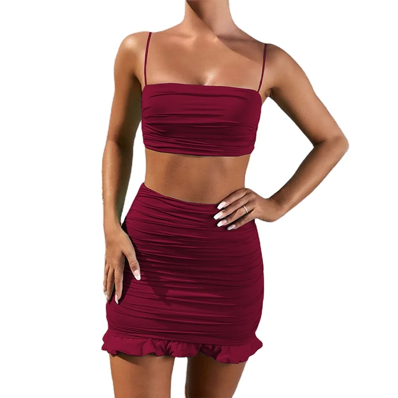 Women Clothing Sexy Sling Vest Sleeveless Crop Top Pleated Ruffled Bag Hip Skirt Two Piece Set, White, wine red, black, light blue
Women Clothing Sexy Sling Vest Sleeveless Crop Top Pleated Ruffled Bag Hip Skirt Two Piece Set, White, wine red, black, light blue
