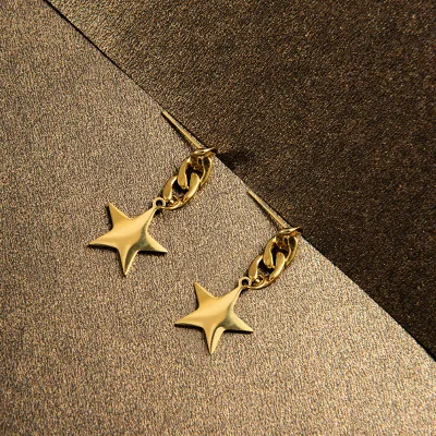 Fashion Punk Style 24K Gold Plated Star Pendant Chain Stainless Steel Earrings Titanium Steel Star Drop Earrings
Fashion Punk Style 24K Gold Plated Star Pendant Chain Stainless Steel Earrings Titanium Steel Star Drop Earrings