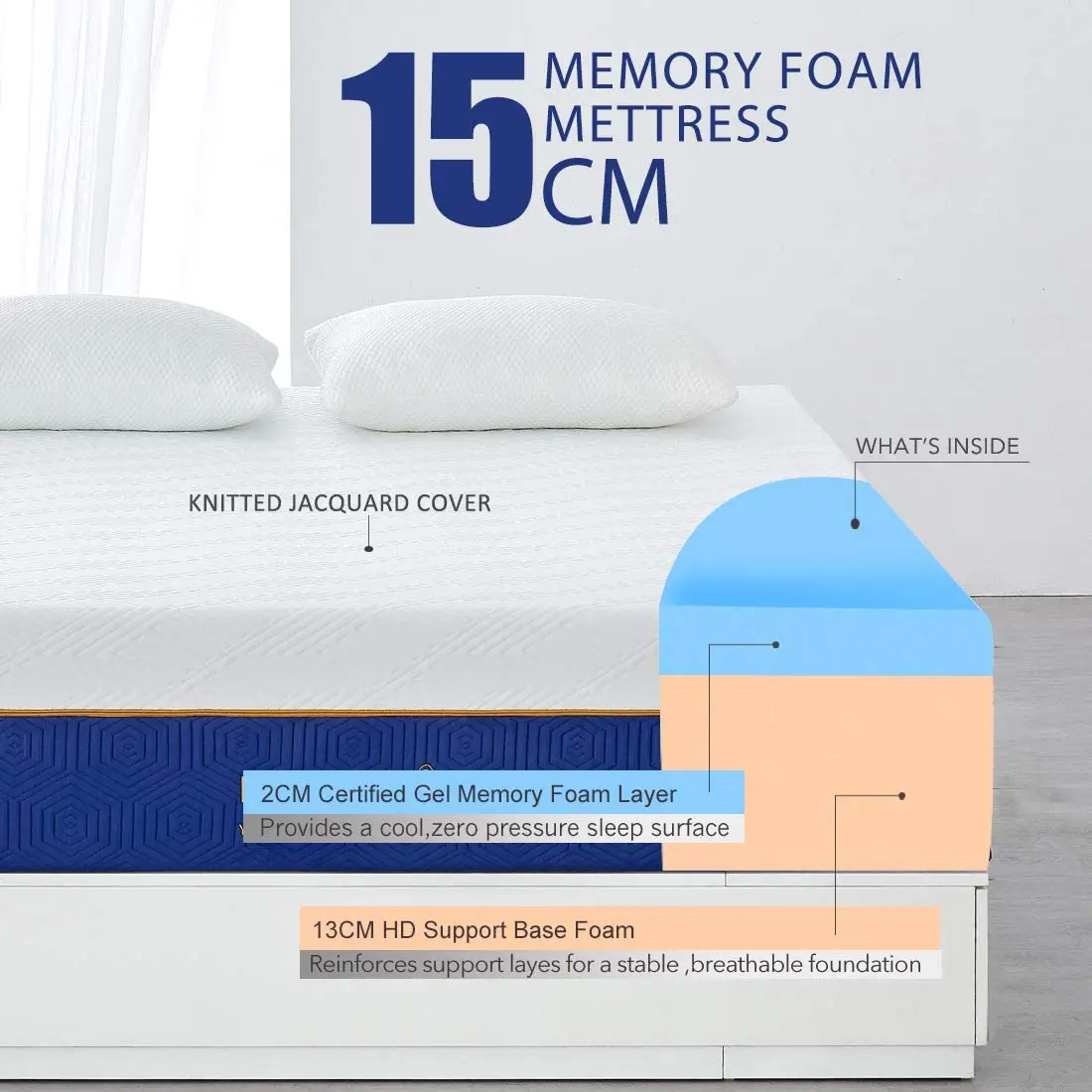 Single Mattress, 15CM Gel Memory Foam Mattress with CertiPUR-US Certified Foam Bed Mattress