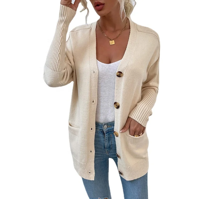 Fall/winter new design double pockets solid color V-neck single-breasted women cardigan sweater
Fall/winter new design double pockets solid color V-neck single-breasted women cardigan sweater