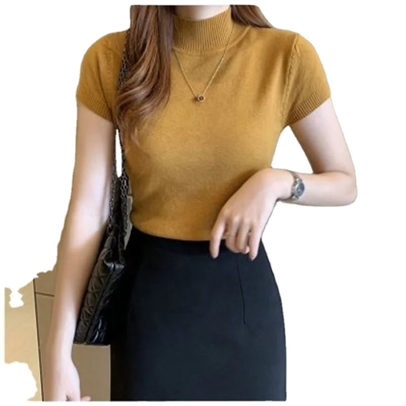 Half-high neck short-sleeved sweater women's 2021 summer and autumn bottoming shirt with a sweater inside and a thin short top
Half-high neck short-sleeved sweater women's 2021 summer and autumn bottoming shirt with a sweater inside and a thin short top