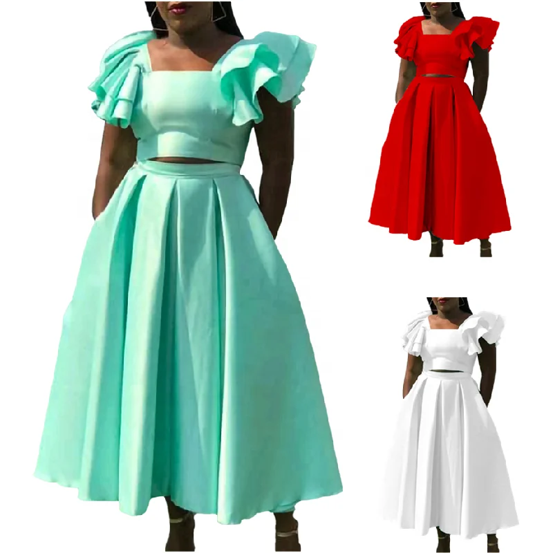 D475 Latest Design Two Piece Set Women Clothing Ruffle Sleeve Square Neck Top A-line Skirt Set Two Piece Outfits For Women
D475 Latest Design Two Piece Set Women Clothing Ruffle Sleeve Square Neck Top A-line Skirt Set Two Piece Outfits For Women