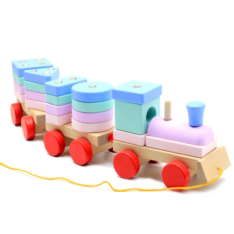 ماكارونس هندسية شكل ثلاثة قطار صغير خشبي الأطفال سحب كتل التعليم المبكر لغز التفكيك اللعب
