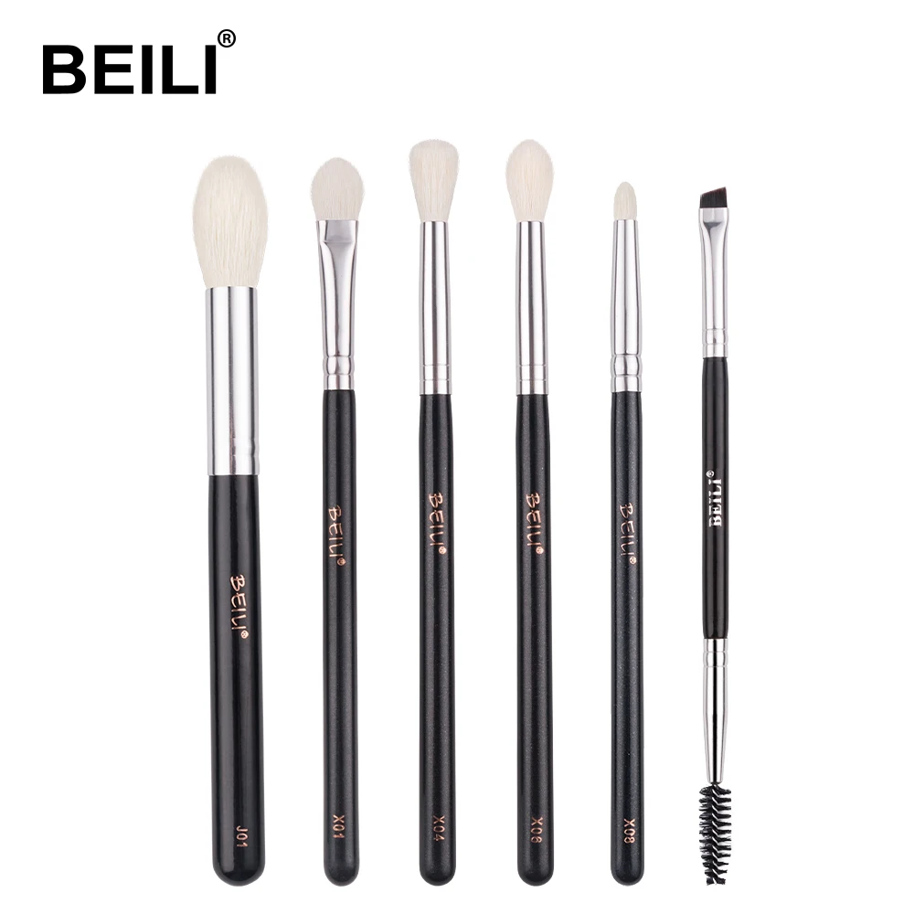 

BEILI wood handle makeup brushes 6pcs black goat hair gloss eye blending eye shadow brush and double head eyebrow brush set