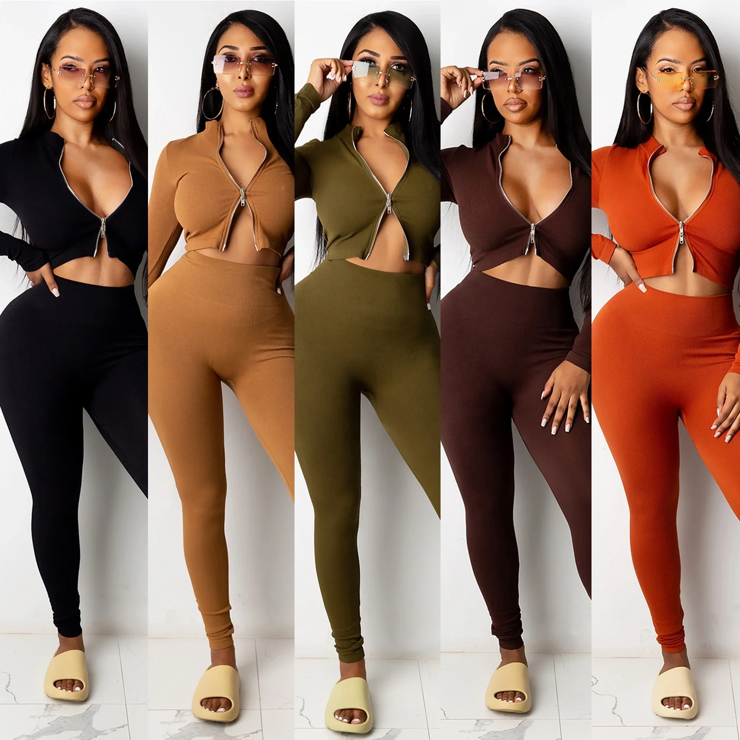 High quality solid color ribbed knit long sleeve zipper up crop tops and gym legging two piece pants set fall sets women
High quality solid color ribbed knit long sleeve zipper up crop tops and gym legging two piece pants set fall sets women