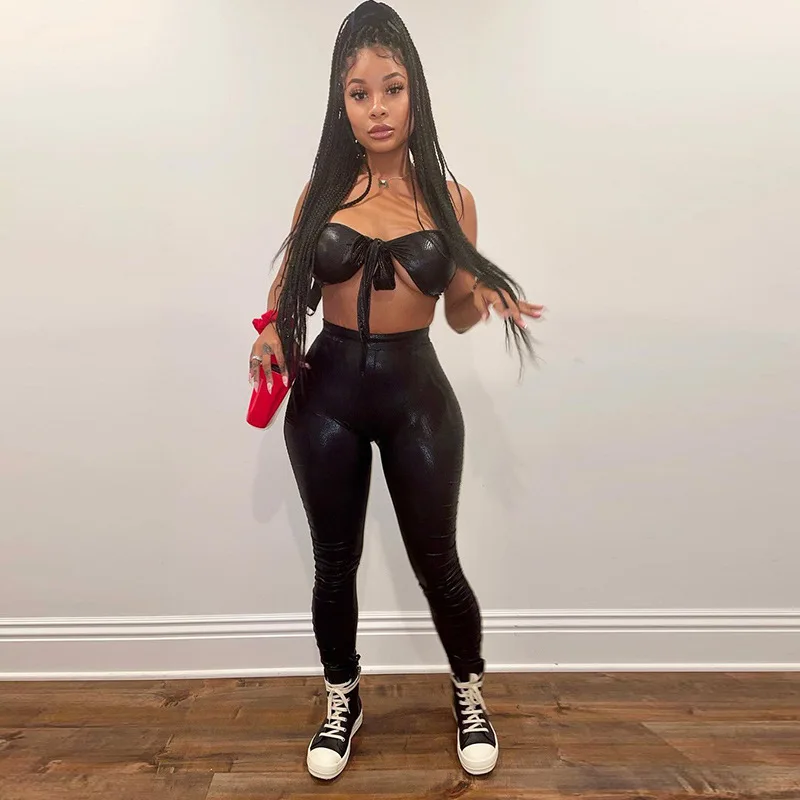 2021 autumn new women's sexy low chest bandage sleeveless backless imitation leather leisure sports suit for women, Picture
2021 autumn new women's sexy low chest bandage sleeveless backless imitation leather leisure sports suit for women, Picture
