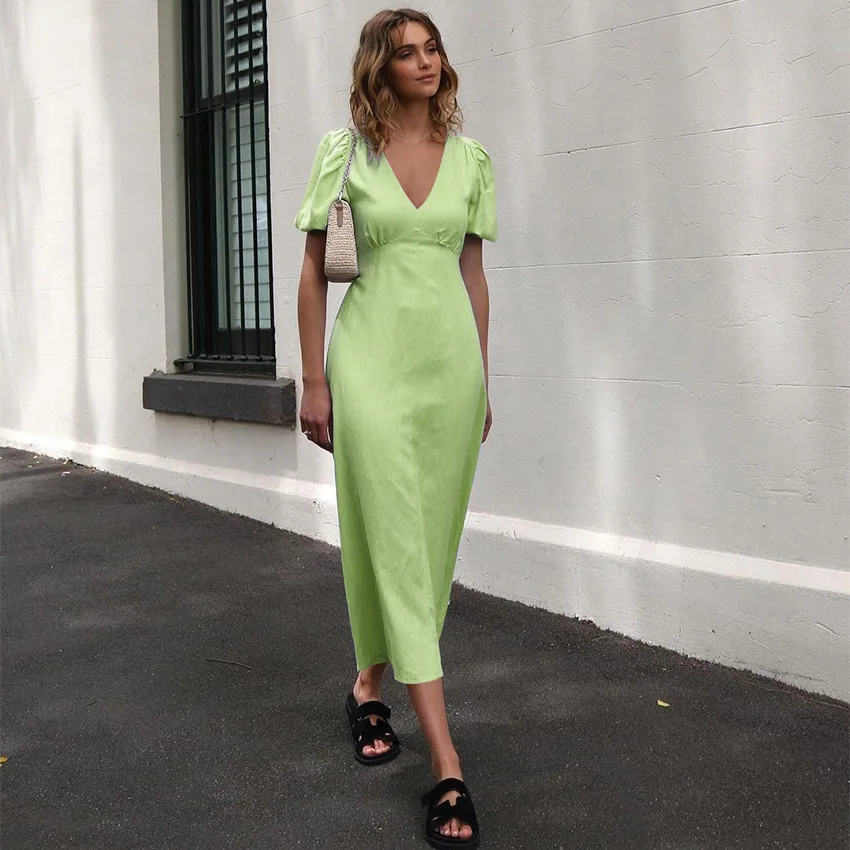 Summer 2022 New French Elegant Solid Color Cotton Linen Lantern Sleeve Long Dress Casual Women's High Waist V-Neck Dress, Customized color
Summer 2022 New French Elegant Solid Color Cotton Linen Lantern Sleeve Long Dress Casual Women's High Waist V-Neck Dress, Customized color