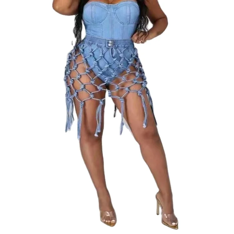 2021 Summer Clothing American INS Popular Sexy Fishnet Cover Up Hollow Sheer Honeycomb Denim Caged Knotted Skirts For Woman, Blue,dark blue 
2021 Summer Clothing American INS Popular Sexy Fishnet Cover Up Hollow Sheer Honeycomb Denim Caged Knotted Skirts For Woman, Blue,dark blue