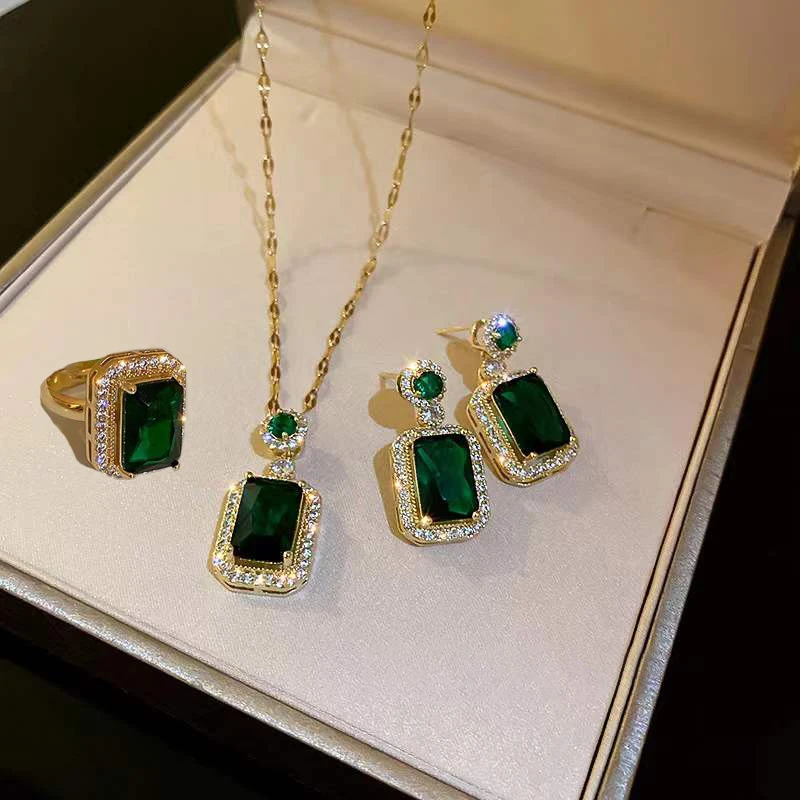 European and American popular zircon stainless steel jewelry set jade crystal ear rings necklace ring set not rust not allergic, Gold
European and American popular zircon stainless steel jewelry set jade crystal ear rings necklace ring set not rust not allergic, Gold