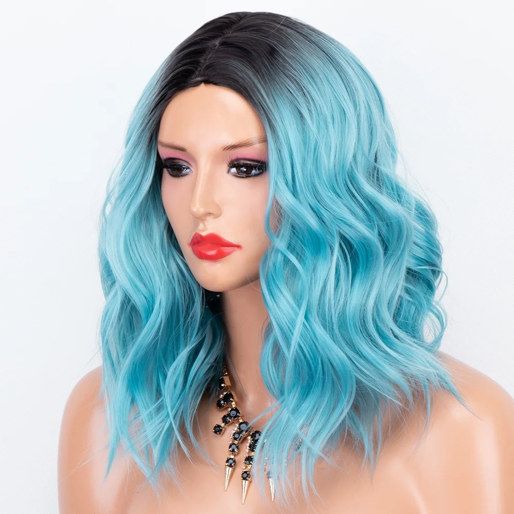

Aliblisswig Natural Looking Dark Root Ombre Blue Short Wavy Bob Wig Middle Part Heat OK Fiber Hair None Lace Synthetic Wigs