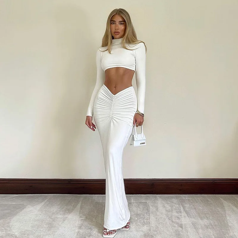 Solid casual high neck long sleeve crop tops skirt suit Sexy Women Bodycon blouses and top Two Piece Pleated Maxi Skirt Set
Solid casual high neck long sleeve crop tops skirt suit Sexy Women Bodycon blouses and top Two Piece Pleated Maxi Skirt Set