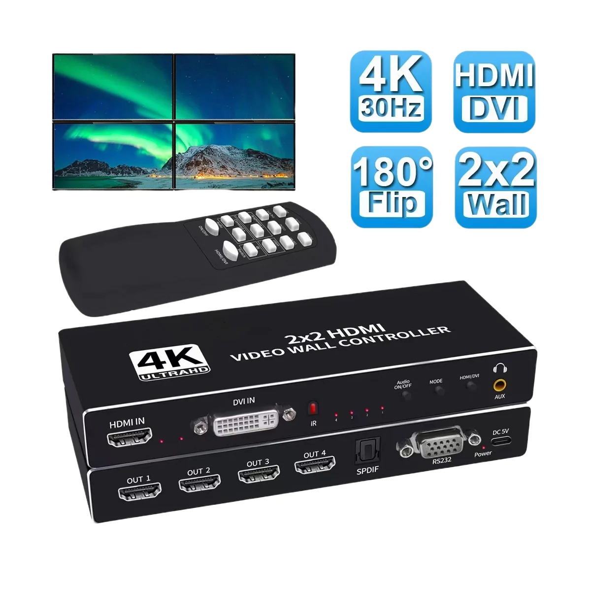 

2x2 HDMI DVI TV Video wall Controller Processor 1X2 1X4 1X3 2X1 3x1 4X1 multi video screen processor switcher splicer 180 Flip