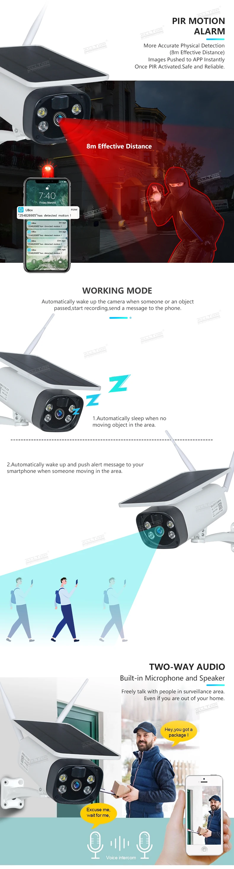 ALLTOP Hot Sale Low Consumption Security HD Surveillance CCTV Battery Powered Wireless Wifi Solar Power IP Camera